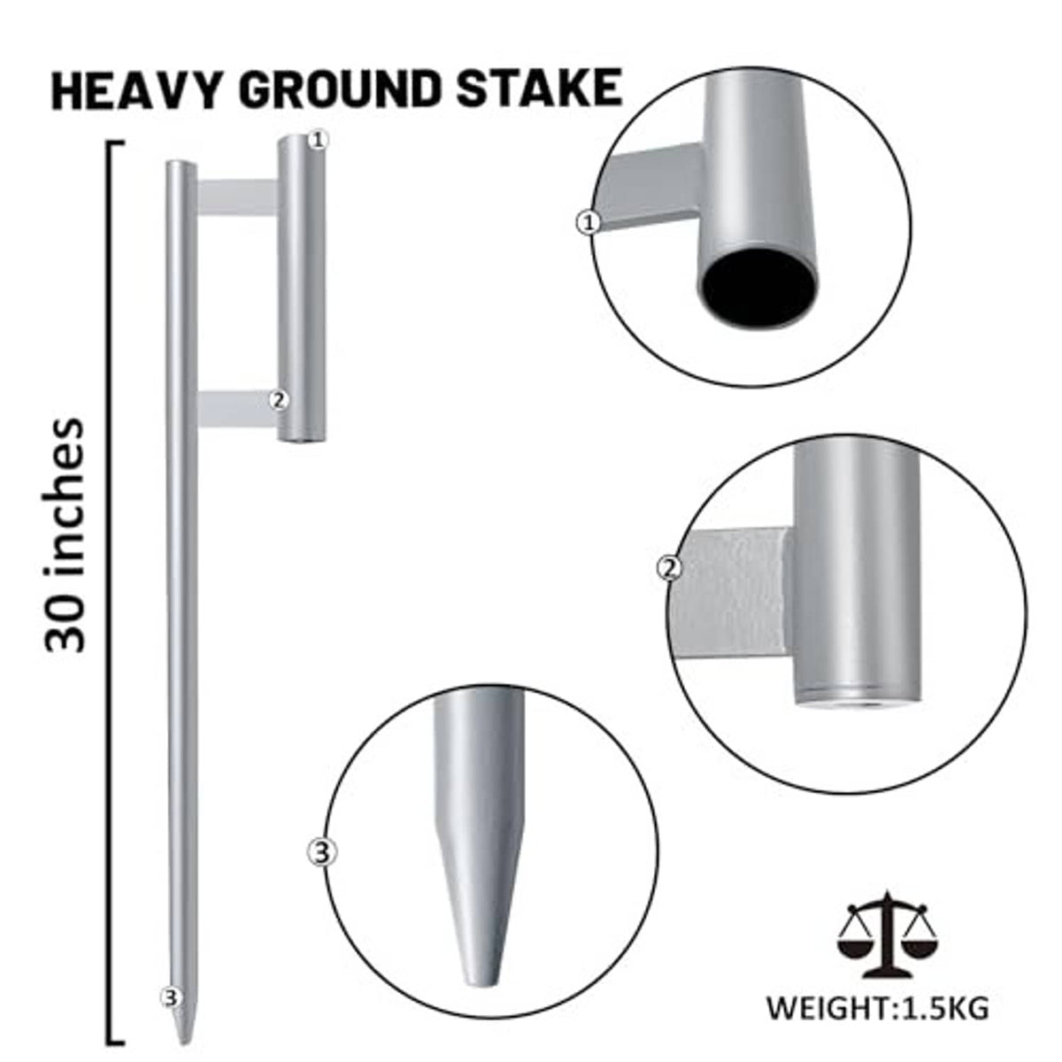 Heavy ground stake with pointed aluminum spike and flange for flag pole anchoring