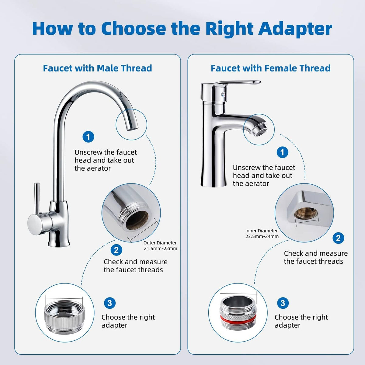 Set of faucet aerator adapters shown for matching male or female thread connections