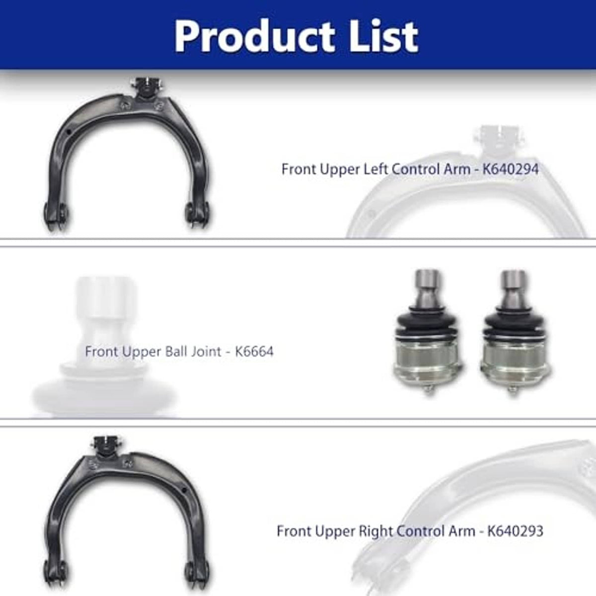 Product list graphic showing front upper left and right control arms with ball joints