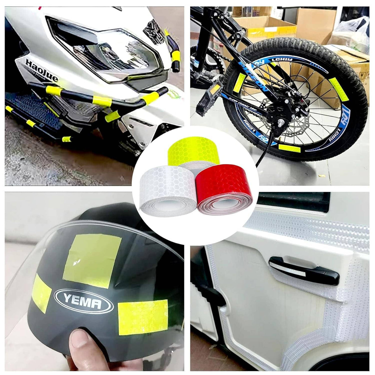 Neon yellow and white reflective tape applied to scooter and bicycle