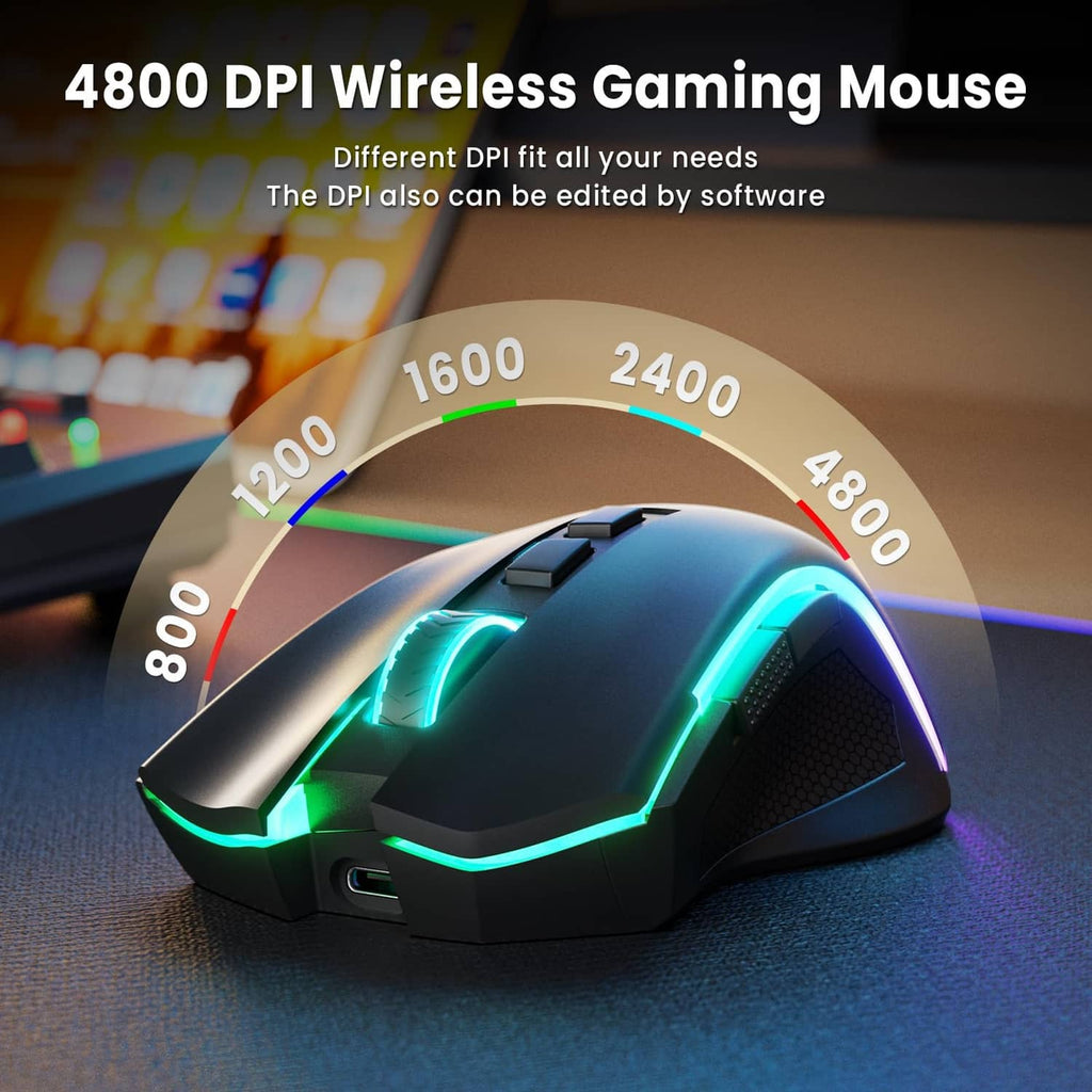 Wireless gaming mouse with RGB side light, black with glowing neon green and blue