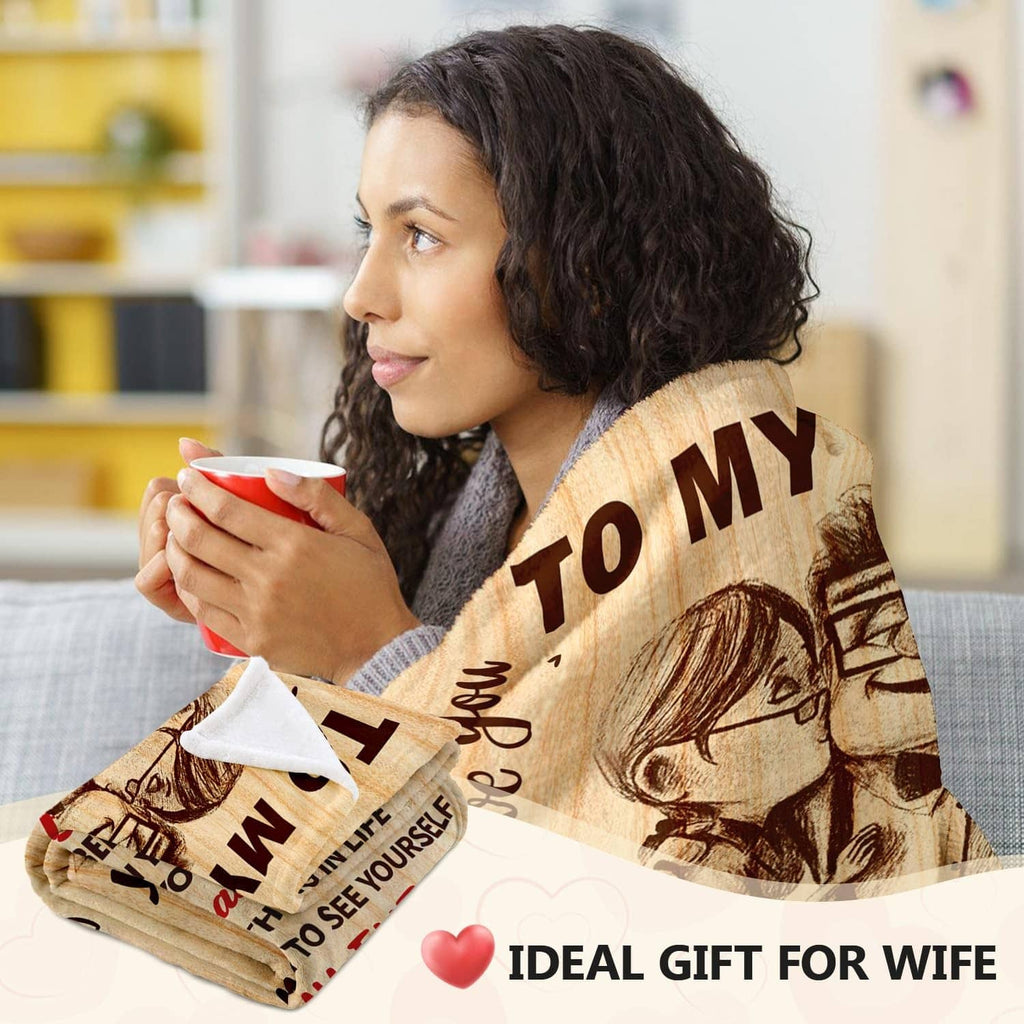 To My Wife throw blanket draped over shoulders with couple print and “TO MY WIFE” lettering