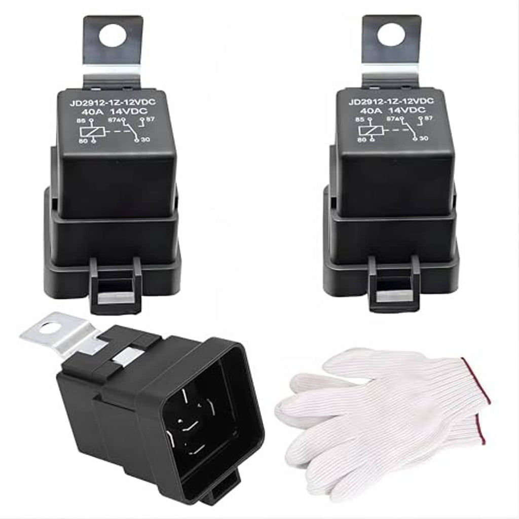 Black 5-pin SPDT 12V relay with metal mounting tab, front view