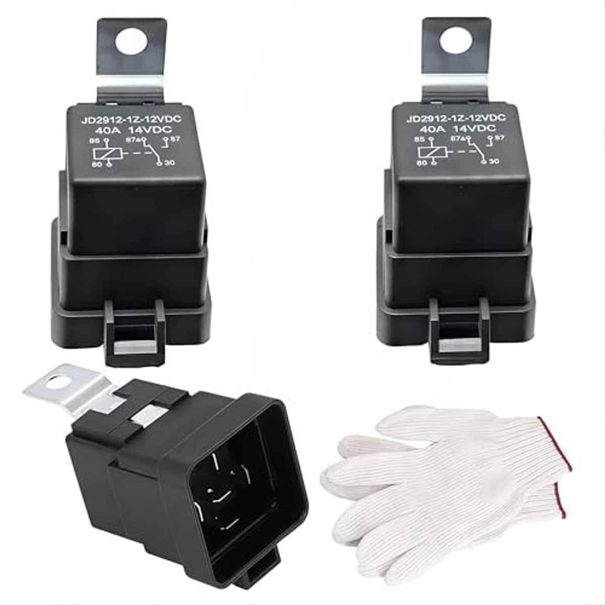 Black 5-pin SPDT 12V relay with metal mounting tab, front view