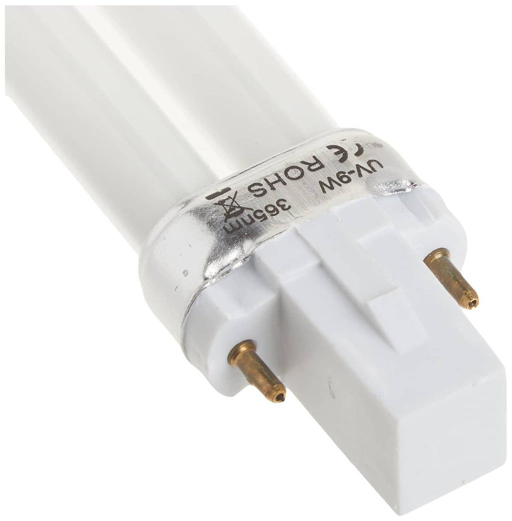 White UV bulb with clear tube and two gold prongs on rectangular base