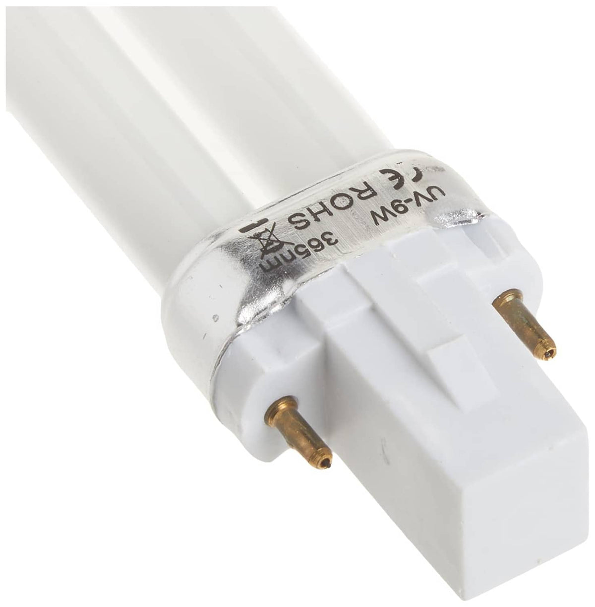 White UV bulb with clear tube and two gold prongs on rectangular base