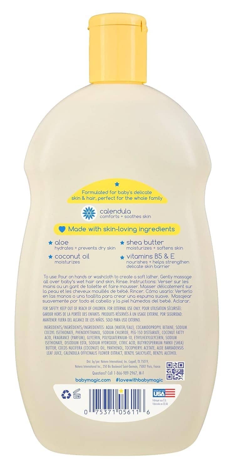 Baby Magic moisturizing hair & body wash bottle back label with ingredients and barcode.