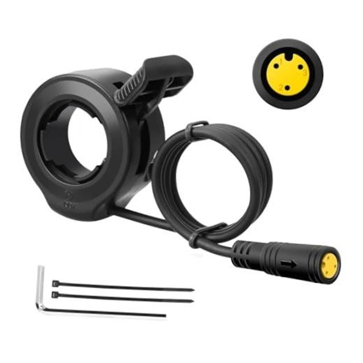 Thumb throttle grip kit with cable, black housing, yellow 3-pin connector, and screws
