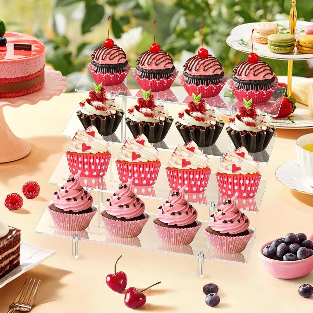 Clear 4-tier acrylic cupcake display stand with mini cupcakes and cherries