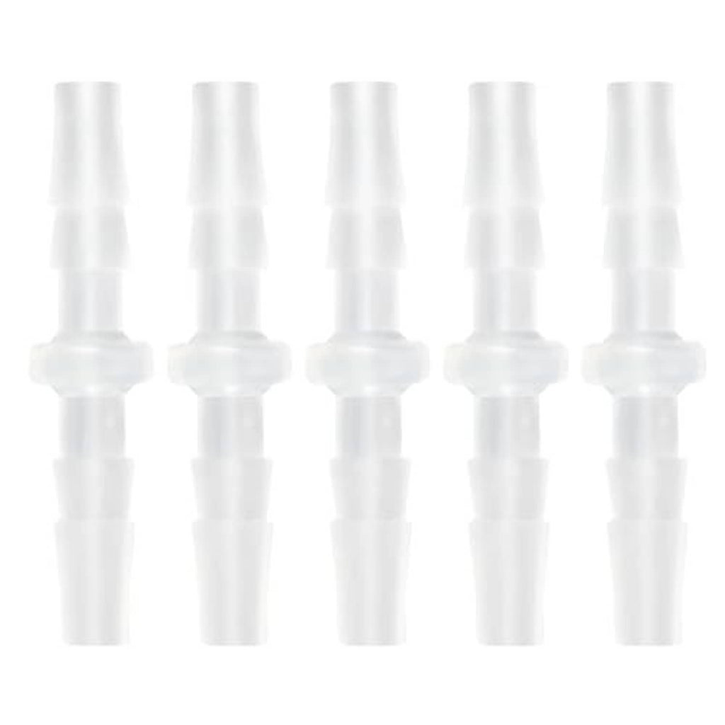 Five clear barbed hose fitting adapters with barbs for secure tubing connection