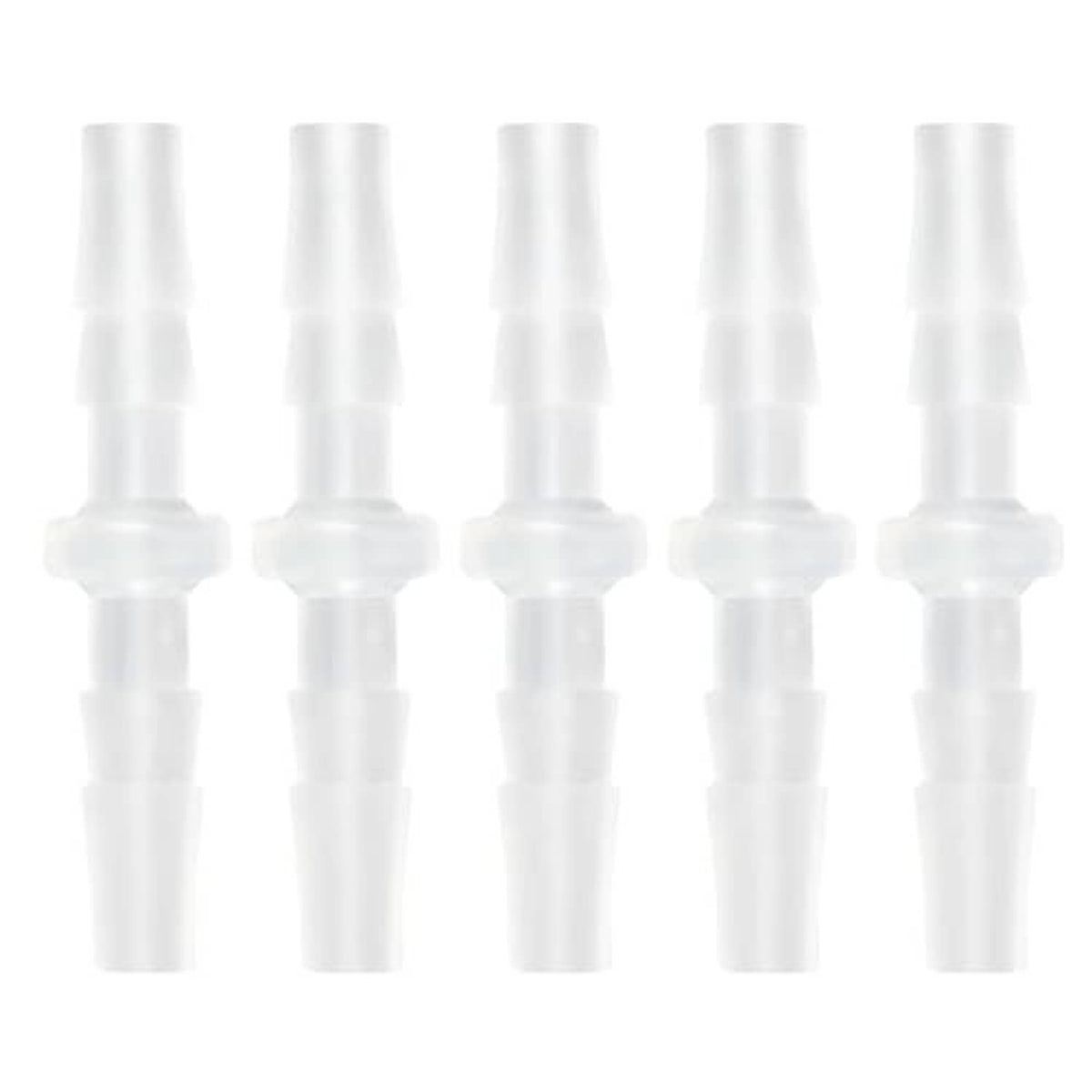 Five clear barbed hose fitting adapters with barbs for secure tubing connection