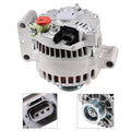 Alternator with vented grille, pulley, silver housing, red cap and green plug