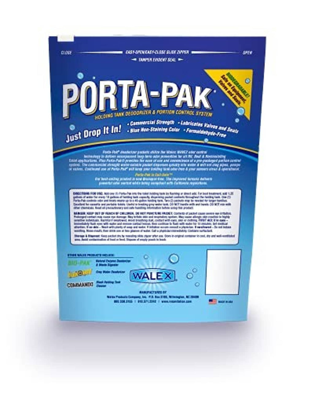 Walex Porta-Pak holding tank deodorizer pouch back with directions panel