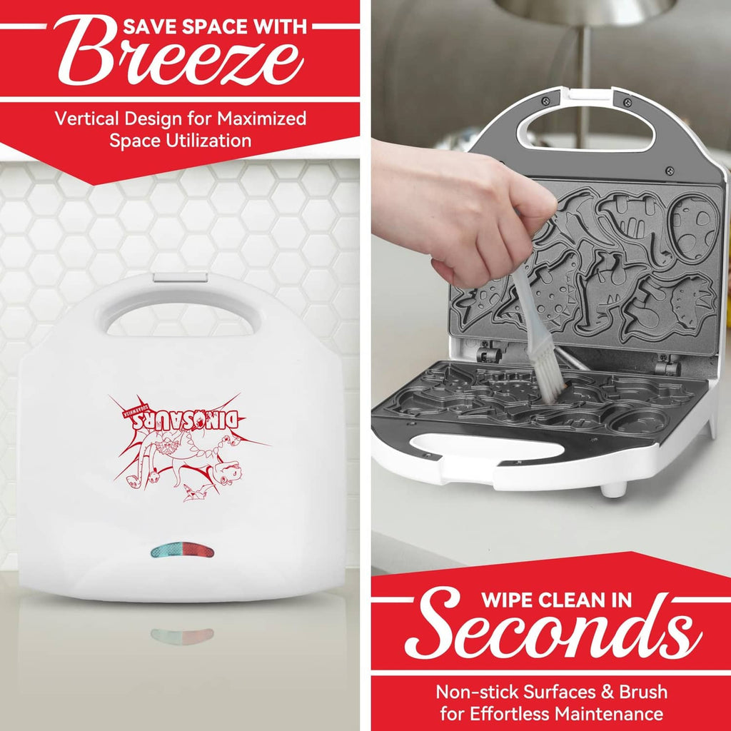 White compact dinosaur waffle maker with nonstick etched plates and included brush