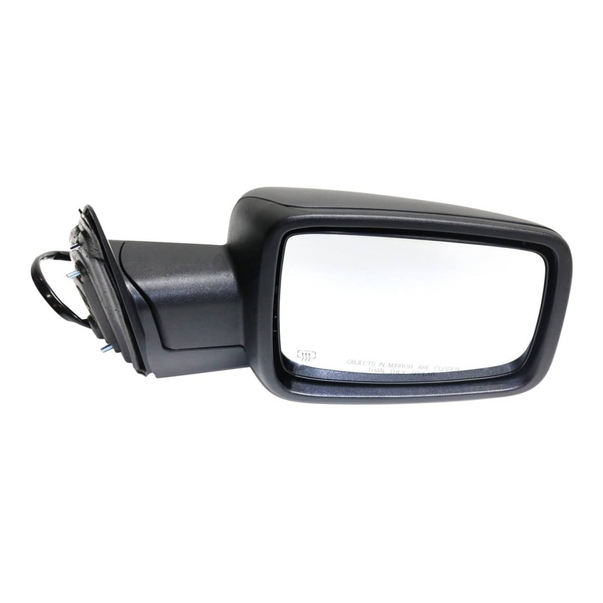 Black power-fold side mirror with clear glass and side mounting hardware