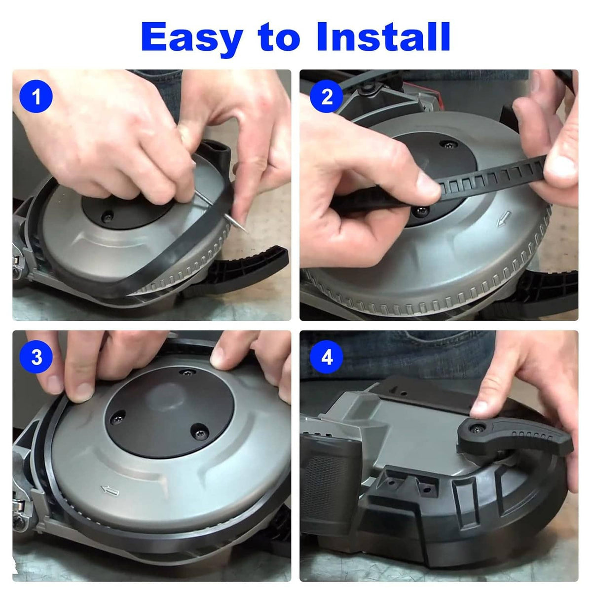Portable bandsaw pulley tire installation steps, black rubber ring shown in four panels