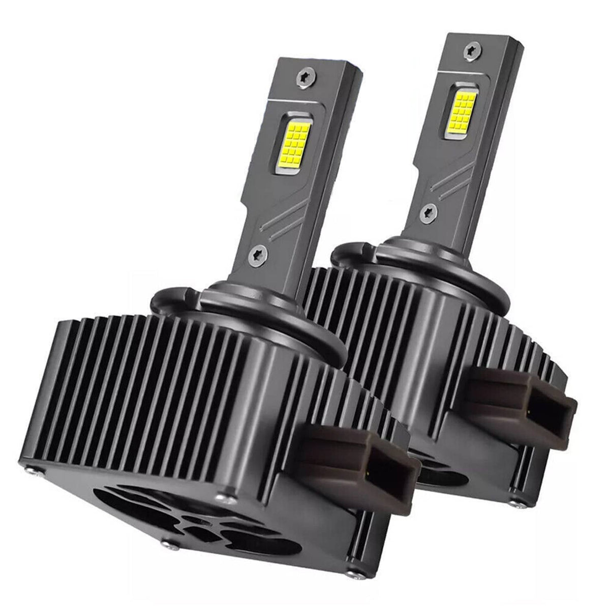 LED headlight bulb set with two black finned heatsinks and dual yellow LED chips