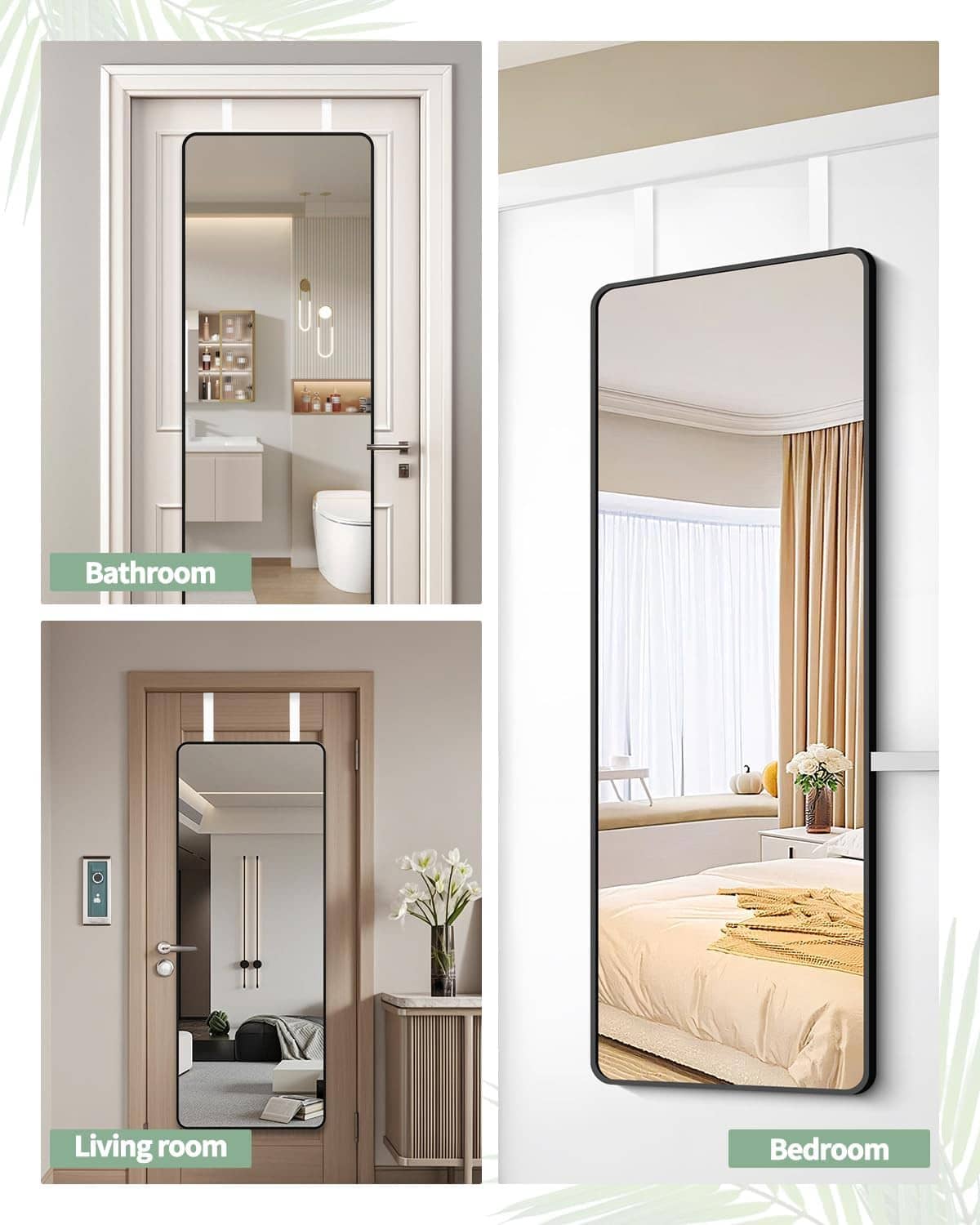 Over-the-door mirror hanger for bathroom, living room, and bedroom door placement