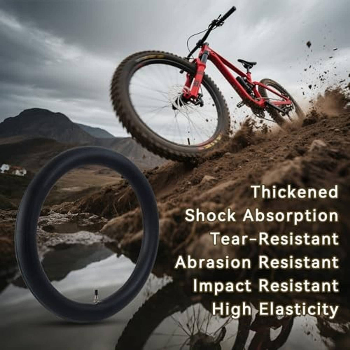 Black dirt bike inner tube with valve stem shown near an off-road bike tire