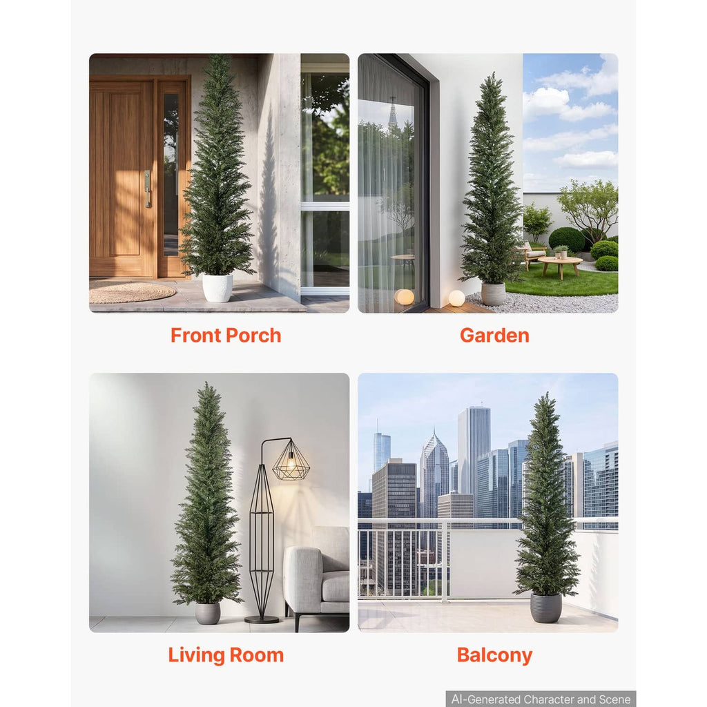 Artificial cedar topiary trees in dark pots shown for porch, garden, living room, and balcony