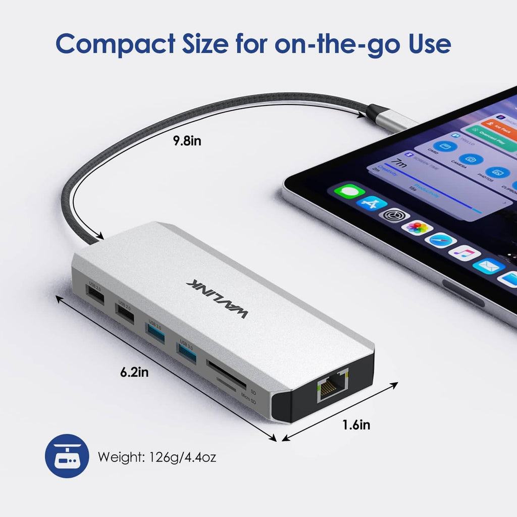 Silver compact laptop docking station with USB-C cable and port layout