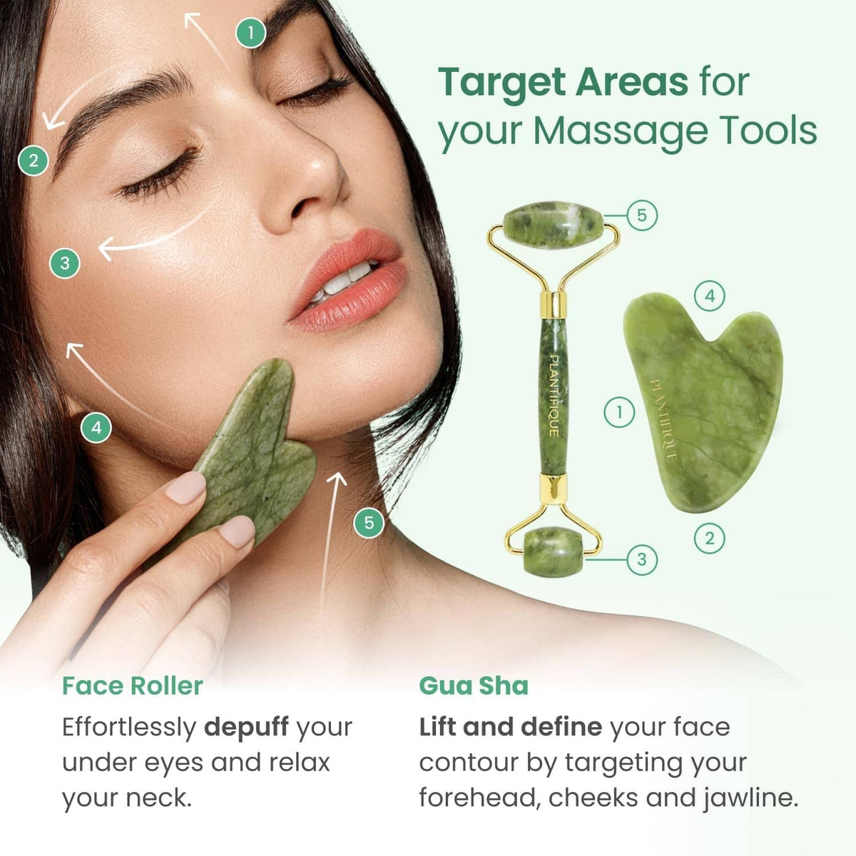 Green jade face roller and gua sha for targeted facial massage on model