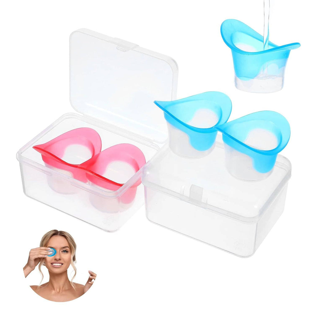 Four suction eye wash cups in clear boxes, pink and blue, with water being poured