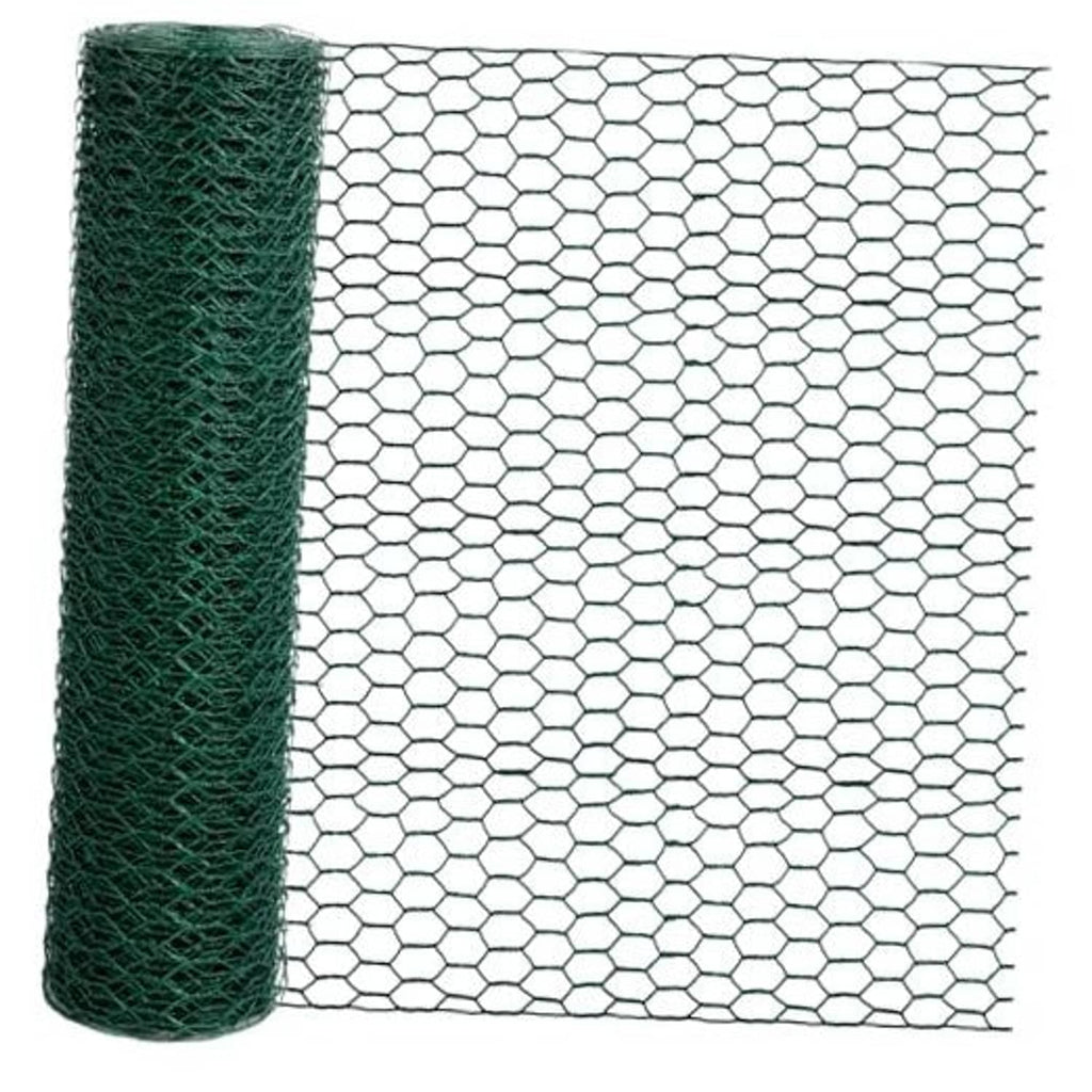 Green chicken wire netting roll with hexagonal mesh grid, ready for floral arrangements
