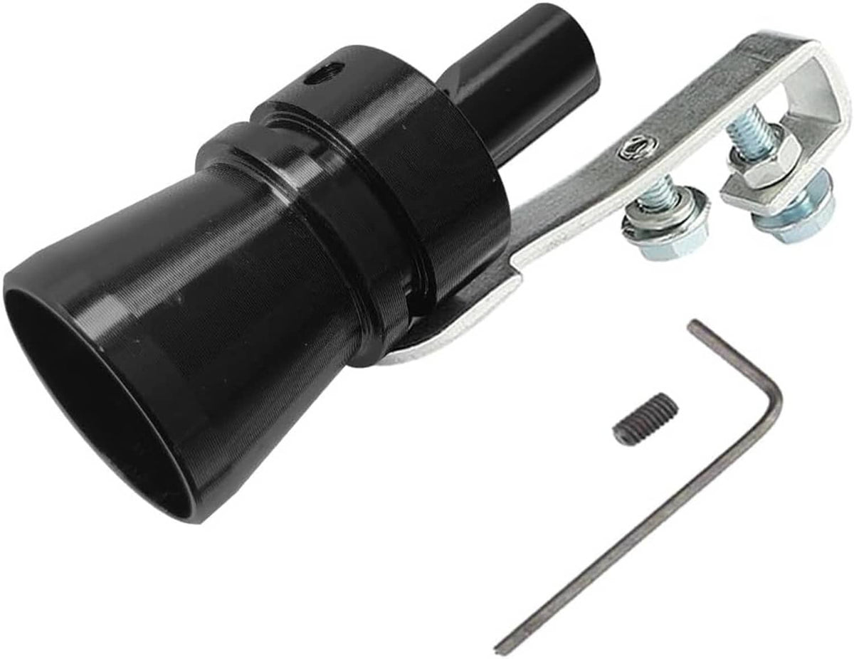 Black turbo whistle with metal mounting strap, bolts, and Allen key for exhaust