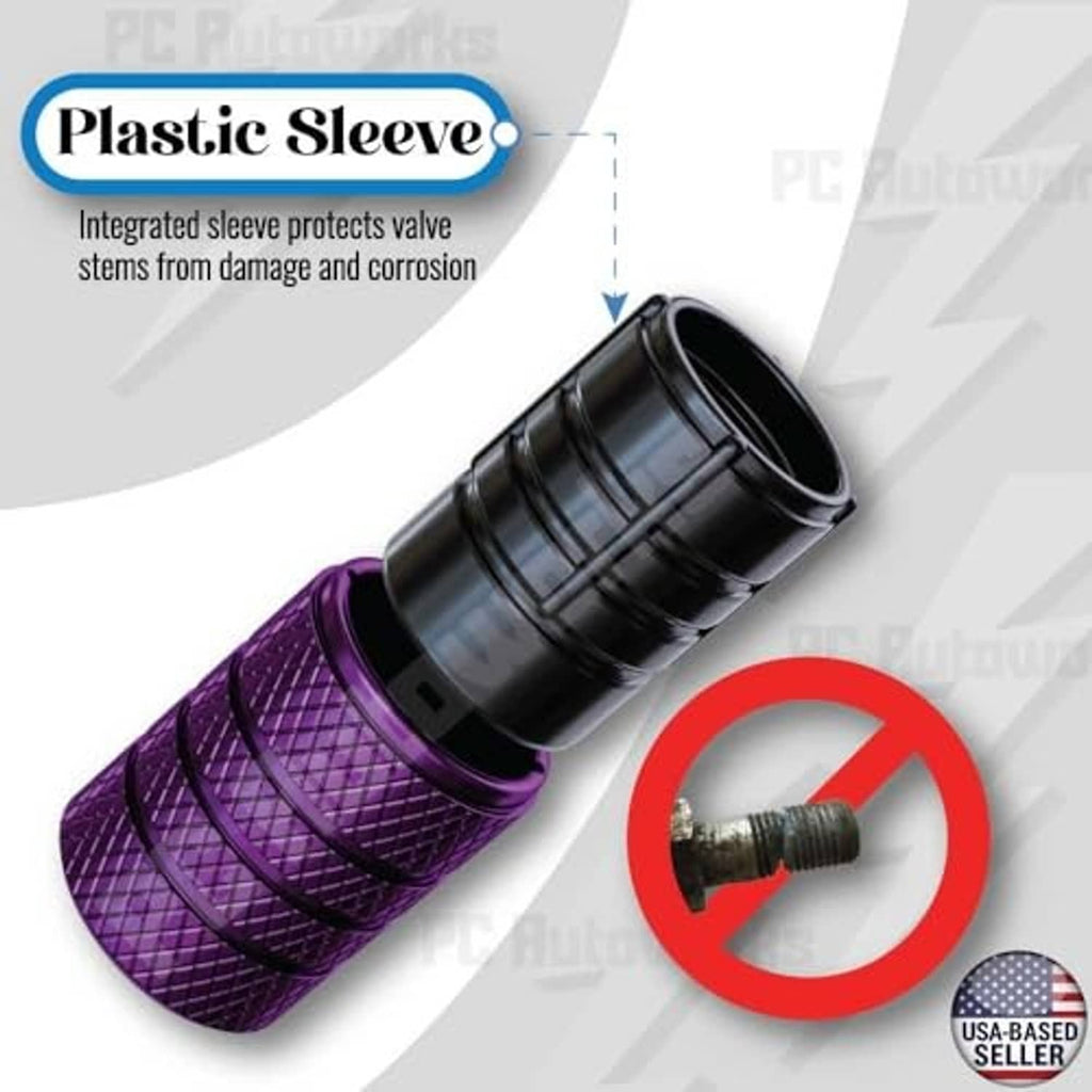 Plum purple and black tire valve stem cap with internal rubber seal for protection