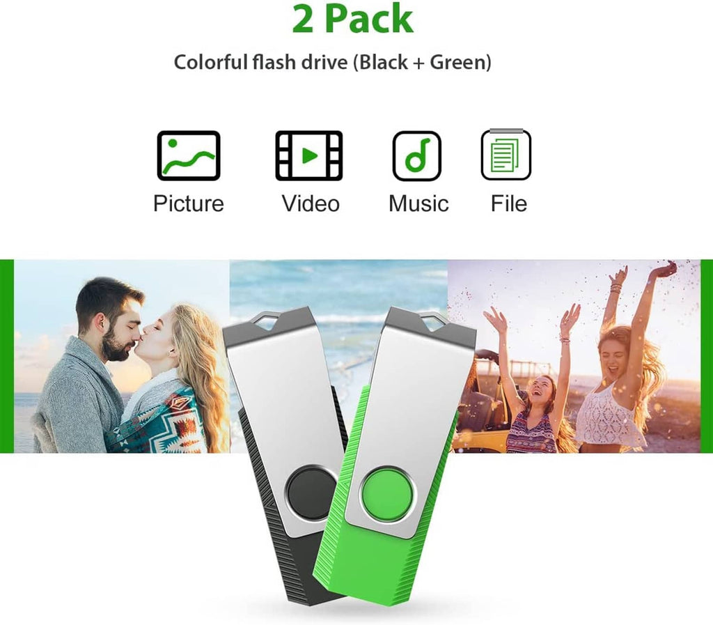 USB flash drive 2-pack, black and green, compact thumb drives with circular LED