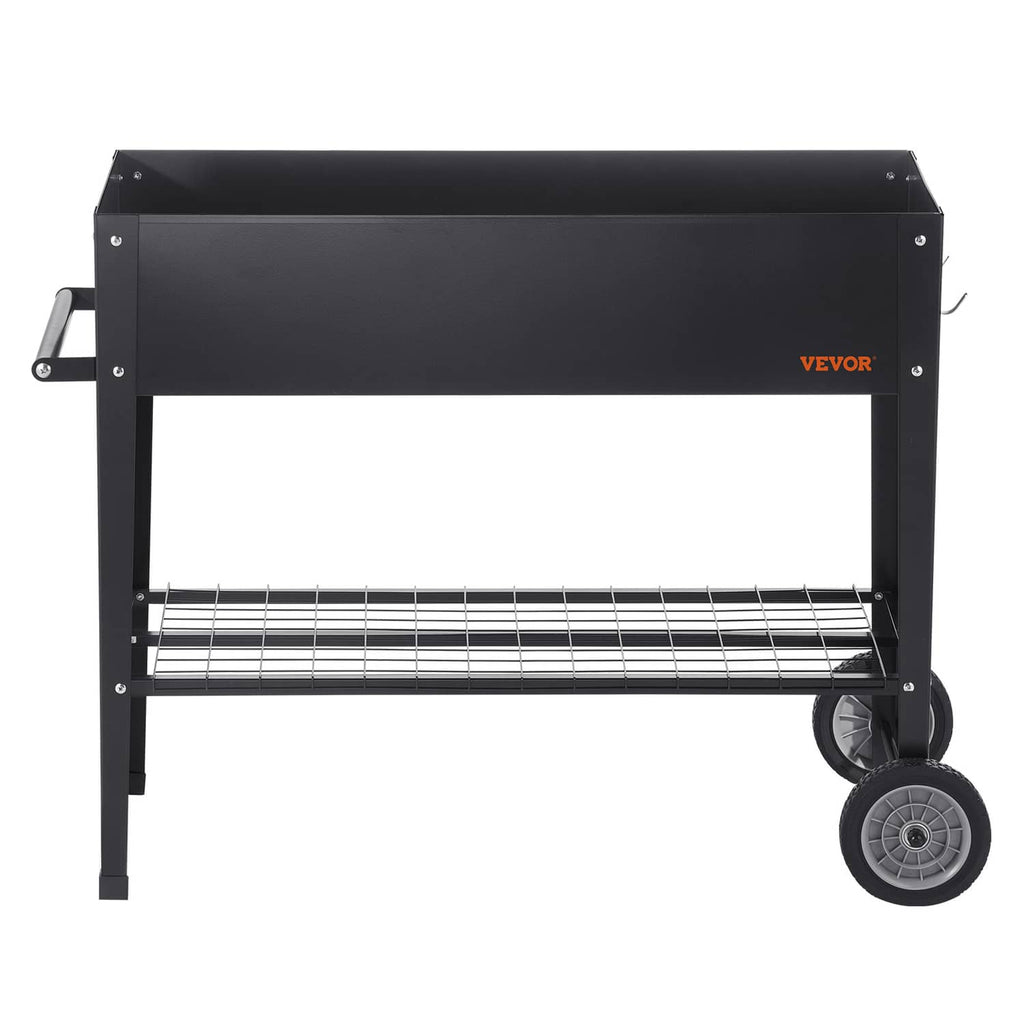 Black steel raised garden bed with smooth top tray, wire lower shelf, and caster wheels