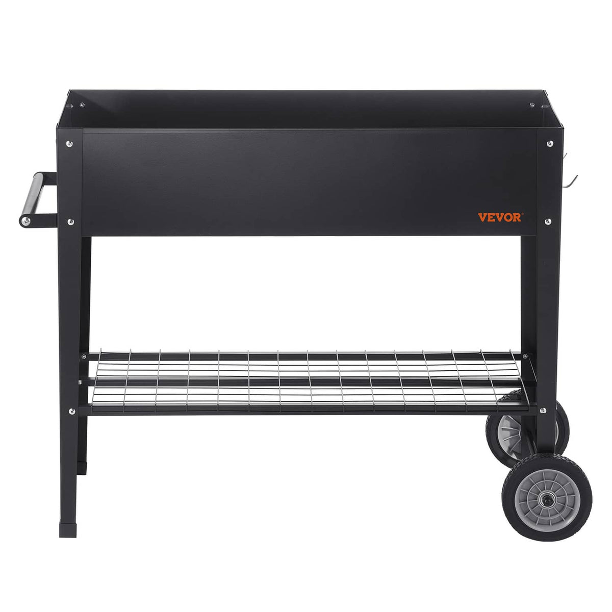 Black steel raised garden bed with smooth top tray, wire lower shelf, and caster wheels