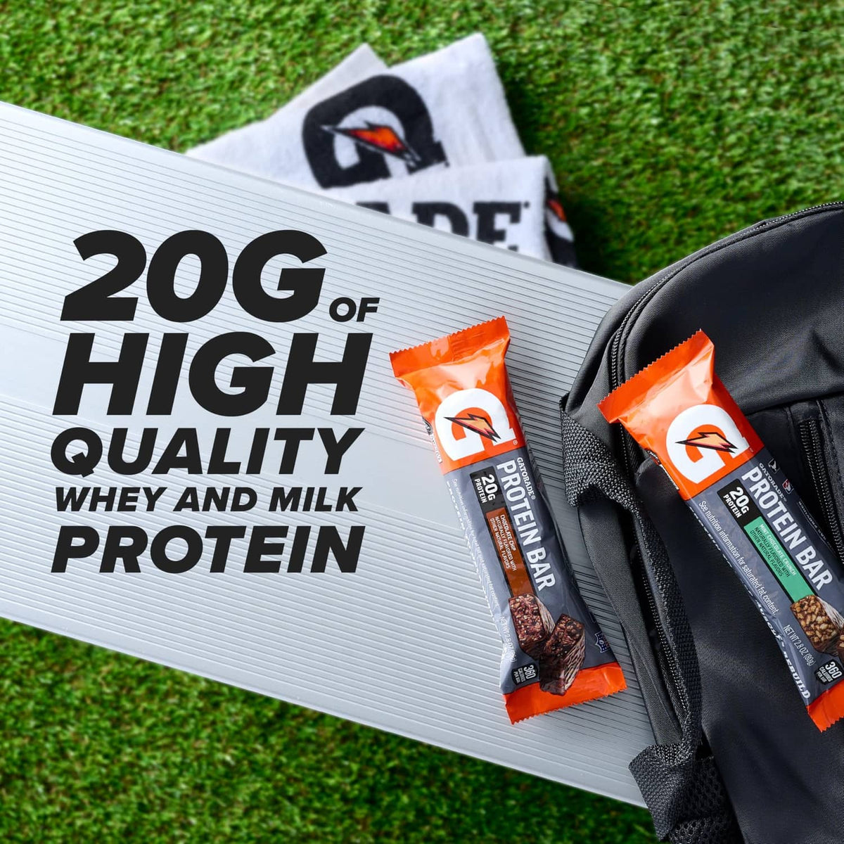 Gatorade whey protein bars with orange-and-black wrappers showing 20g protein text