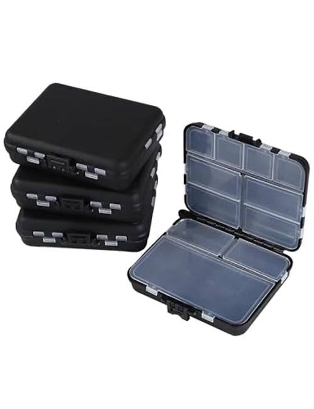 Black plastic 4-pack mini tackle boxes, one open with clear compartment lids.