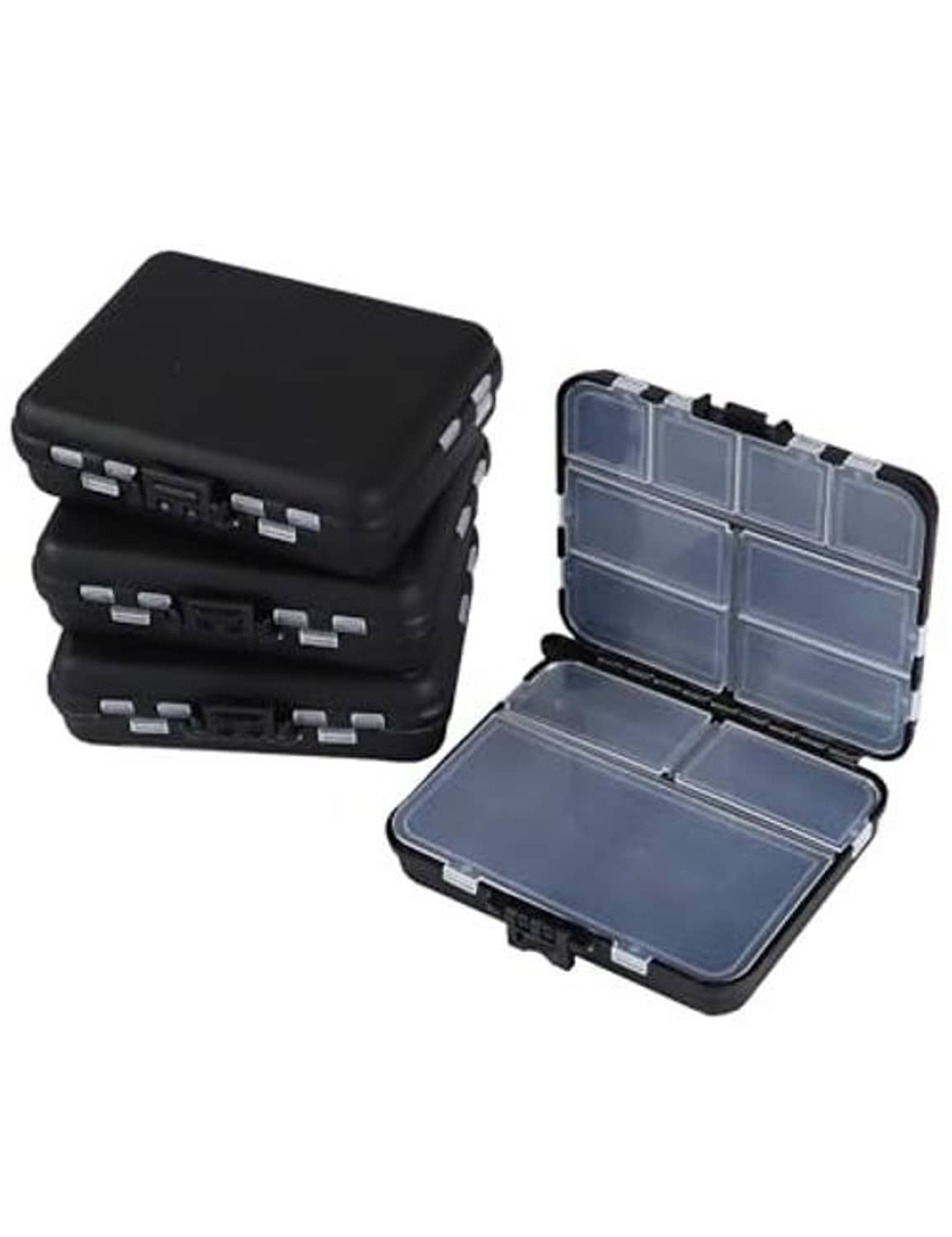 Black plastic 4-pack mini tackle boxes, one open with clear compartment lids.