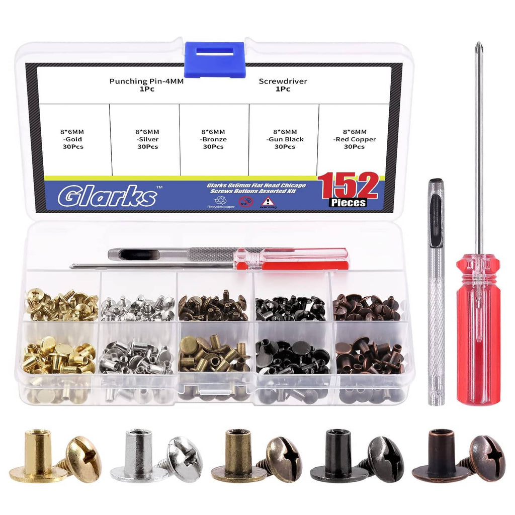 Leather Chicago screws set with assorted round flat-head posts and 1 screwdriver case