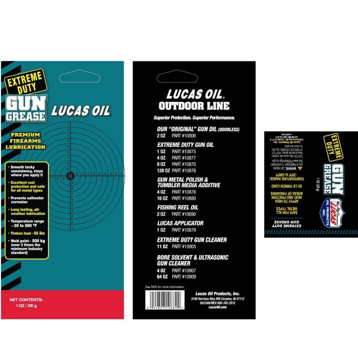 Lucas Oil grease label panels showing usage info and barcode.
