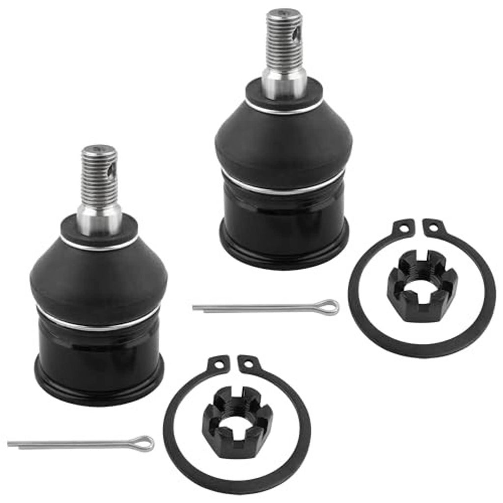 Two front lower ball joints with rubber boots, washers, and retaining clips