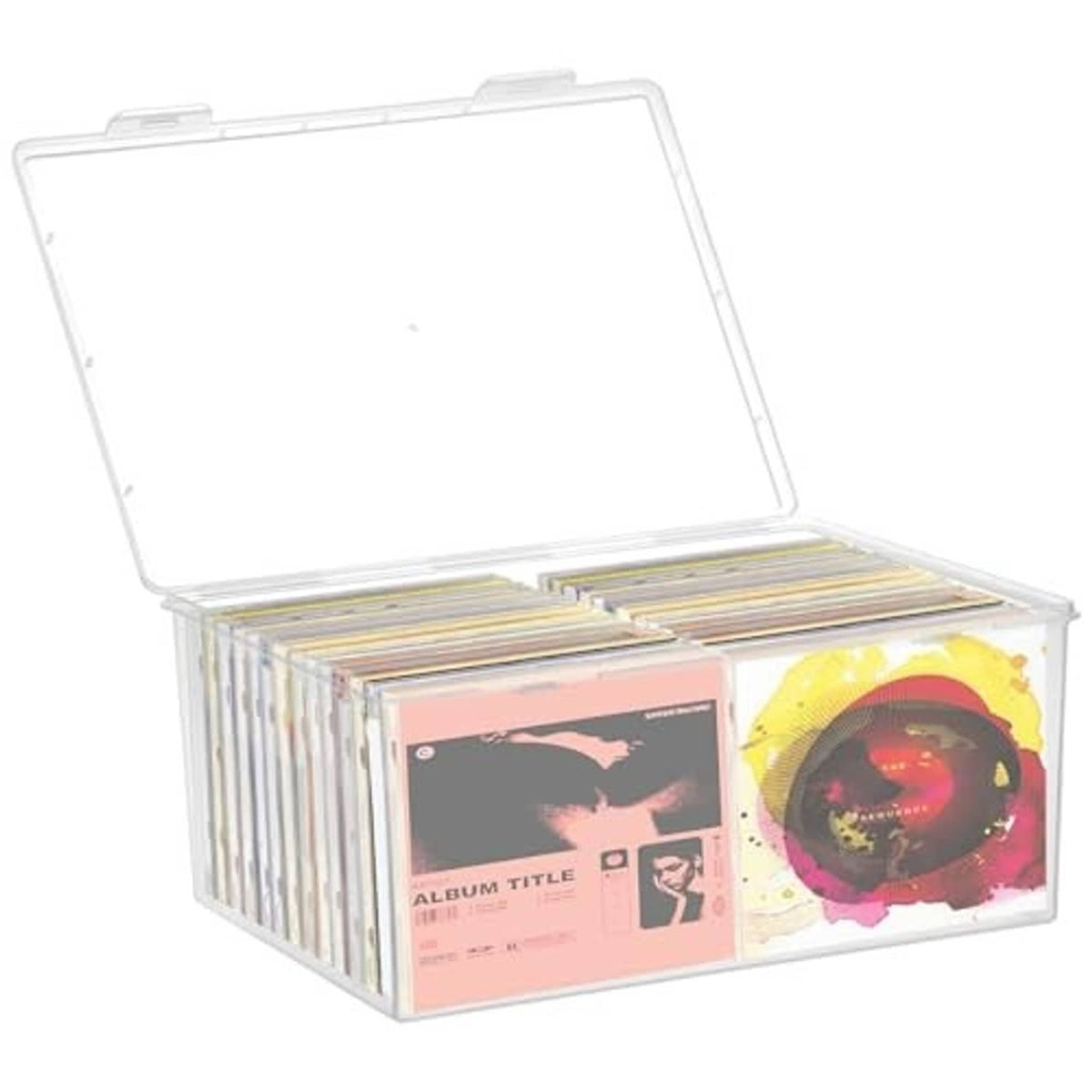 Clear CD organizer box with hinged lid, CDs stacked and visible through the front