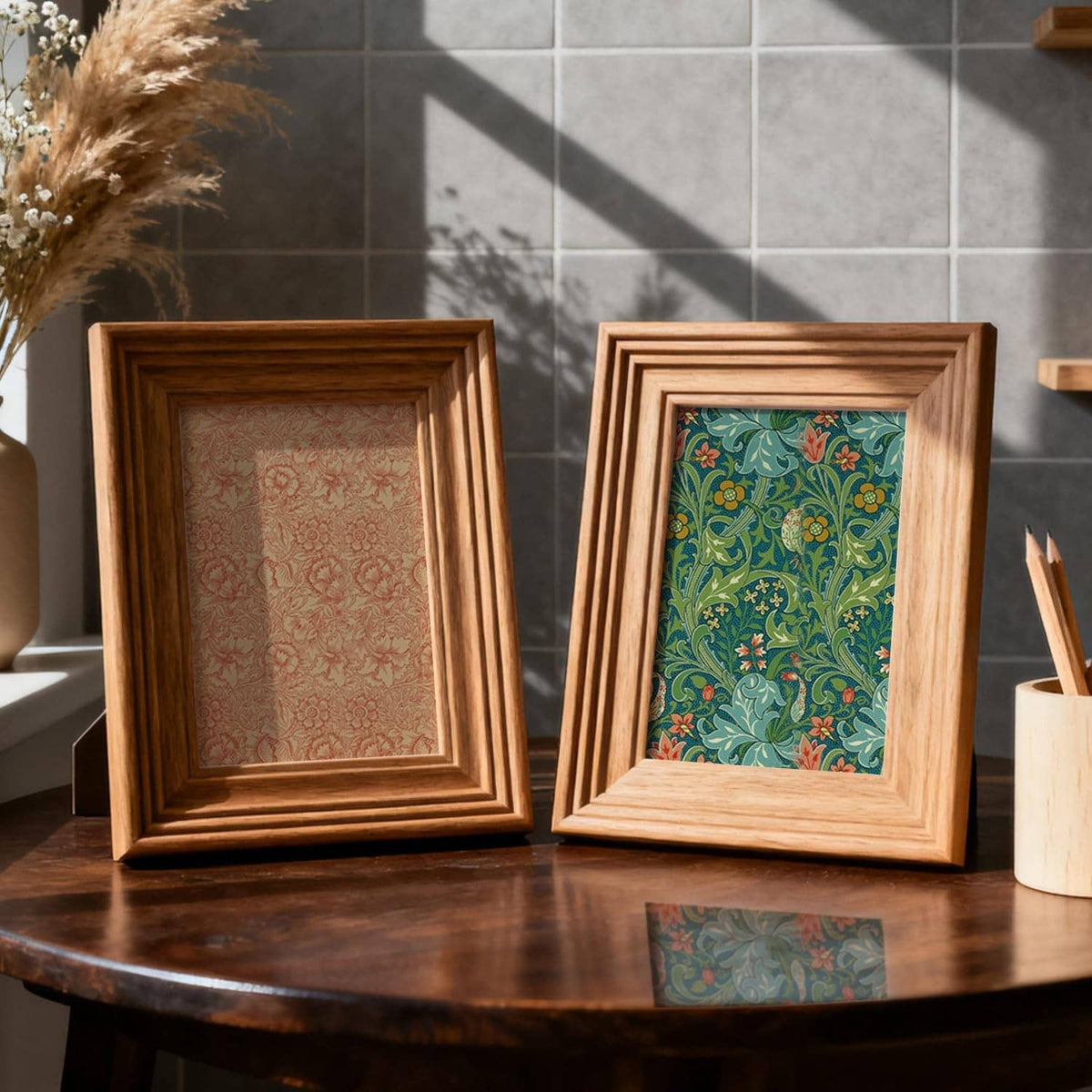 Framed display of classical floral scrapbook paper designs in blue-green and peach tones.