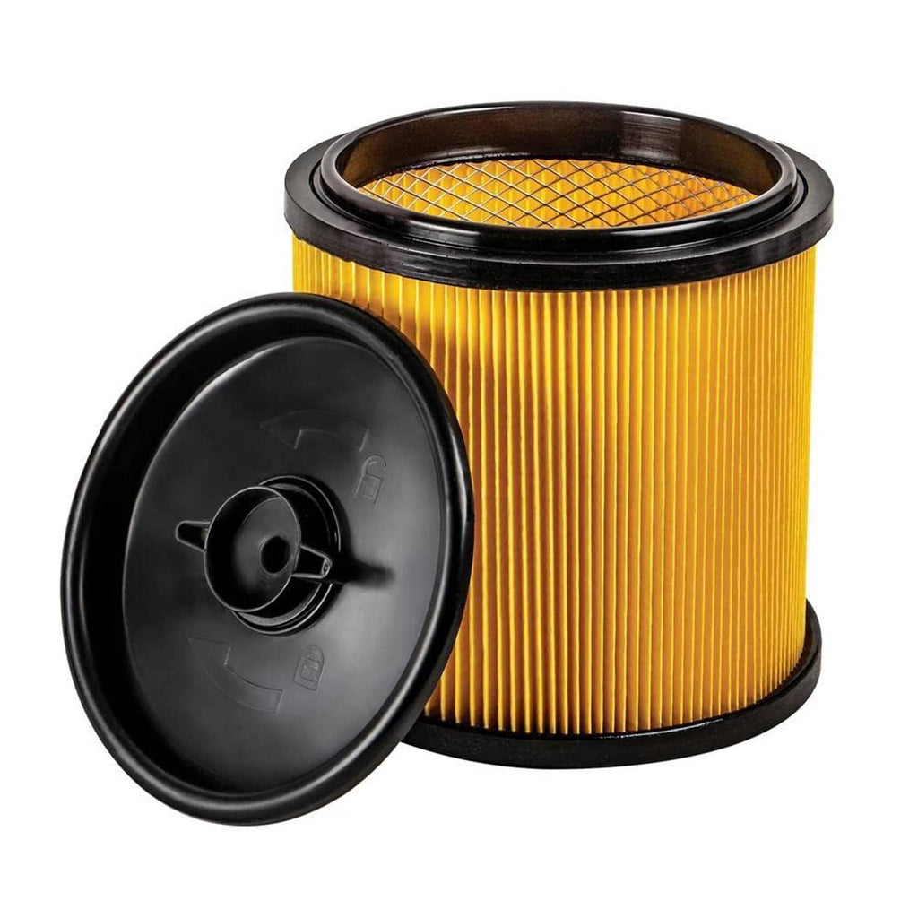 Replacement shop vac filter canister with yellow pleated core and black lid