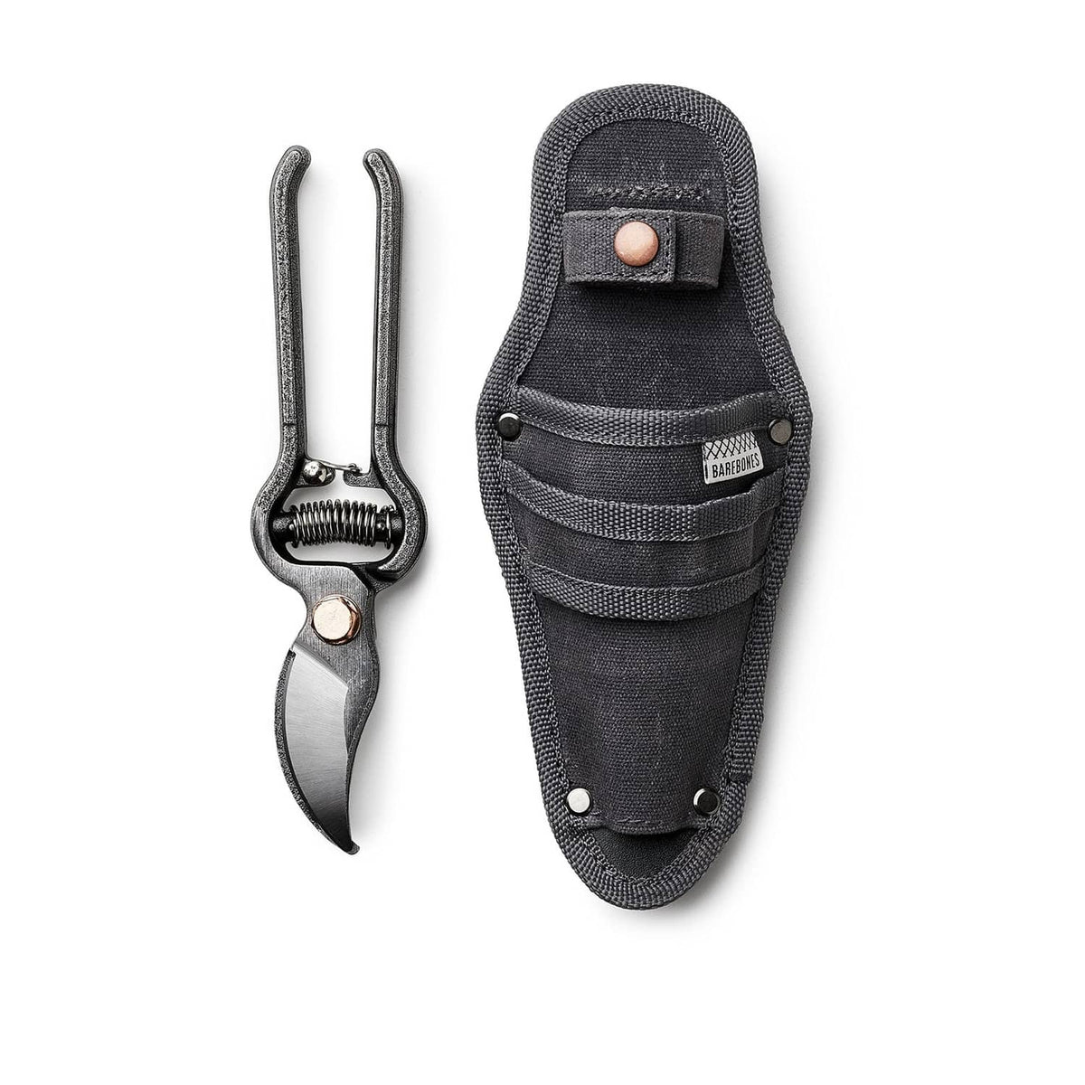 Japanese garden shears and closed black fabric sheath with copper-brown snap