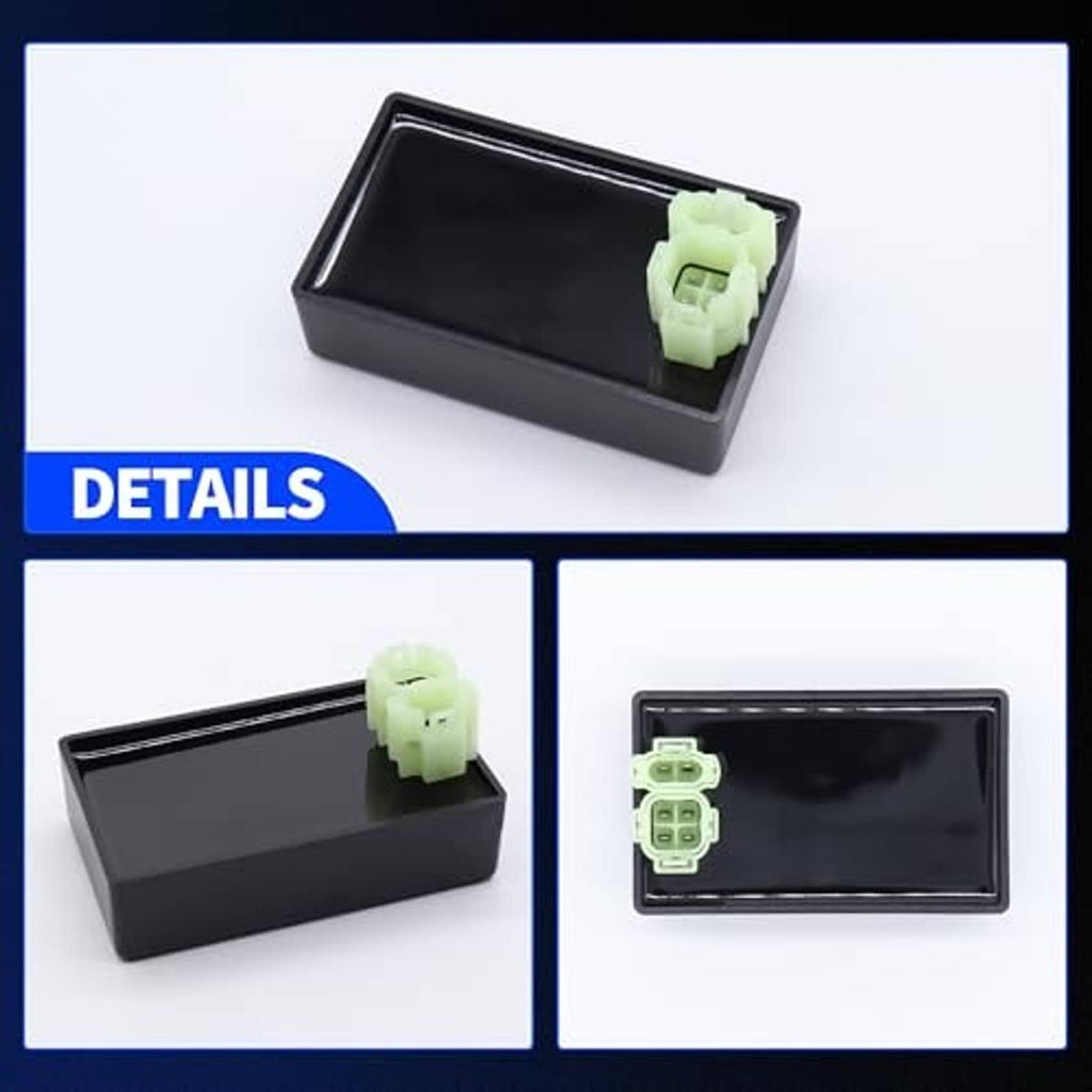 Black CDI ignition module box with light-green 4-pin connector, detail views