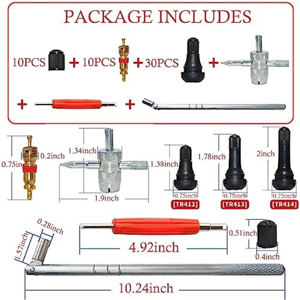 Valve stem puller installer tool kit diagram with dimensions and included parts