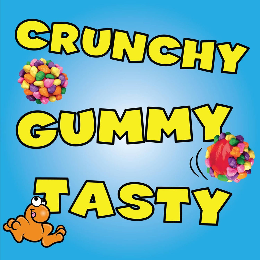 Crunchy gummy tasty label with small rainbow candy cluster illustrations