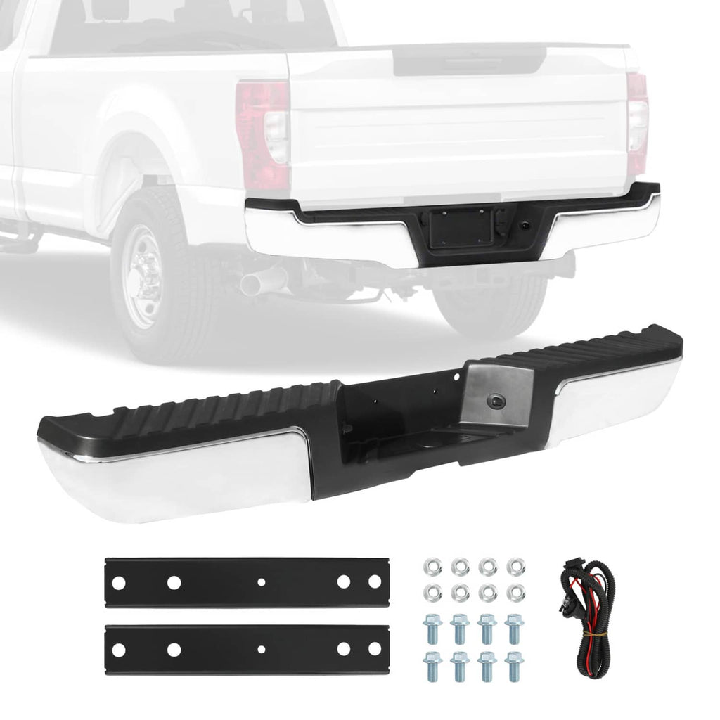 Rear step bumper with black step surface and chrome-trim side panels, mounting hardware included
