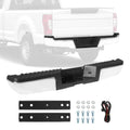Rear step bumper with black step surface and chrome-trim side panels, mounting hardware included