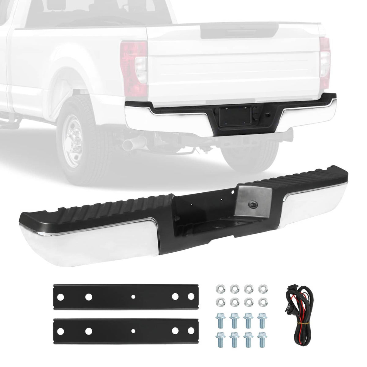 Rear step bumper with black step surface and chrome-trim side panels, mounting hardware included