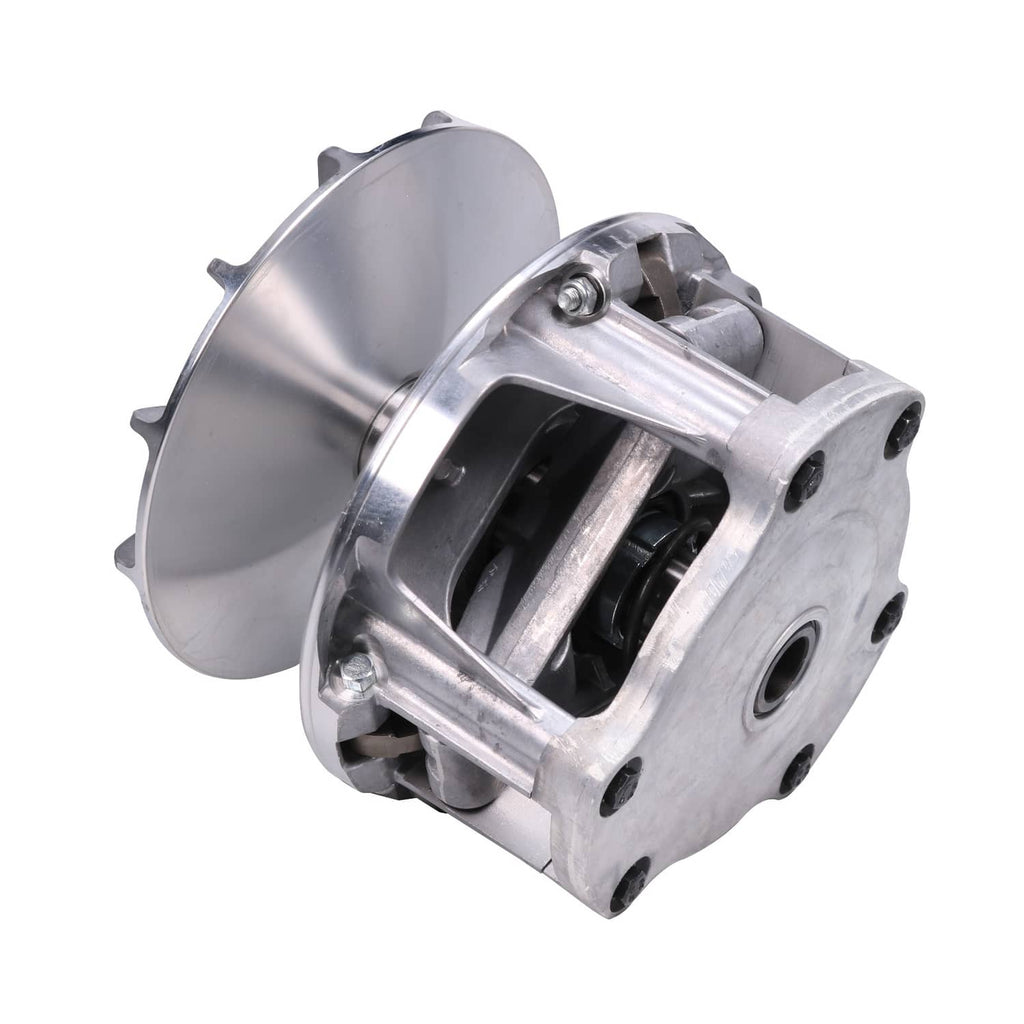 Angled view of metal drive clutch assembly with pulley, housing ports, and fasteners